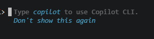 Terminal hint: Type copilot to use Copilot CLI. Don't show this again.