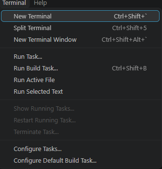 Terminal menu open, New Terminal selected, shortcut Ctrl+Shift+`